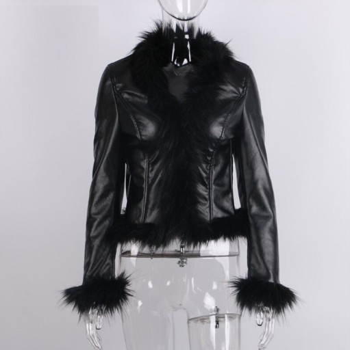 Ladies' Black Faux Leather Jacket with Fluffy Trim Short Fitted Cut Fluffy Collar and Front Edges Fluffy Cuffs and Lower Hem