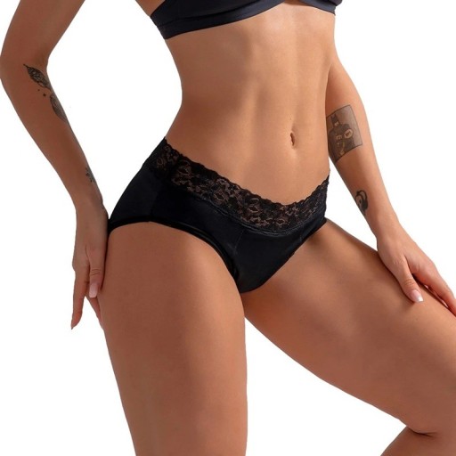 Ladies' Black Menstrual Knickers with Lace Waistband 4-Layer Absorbent Layer Bamboo Fibre Elastane Underwear for Menstrual Period