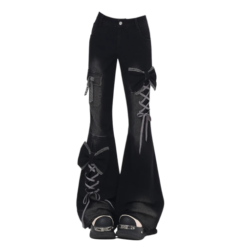 Ladies' Black Trousers with Wide Legs and Bows Enhanced with Lacing through Metal Eyelets and a Flap Pocket on the Thigh