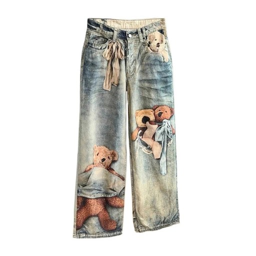 Ladies' Blue Baggy Jeans with Teddy Bear Print and Distressed Effect with Wide Legs and Belt Loops