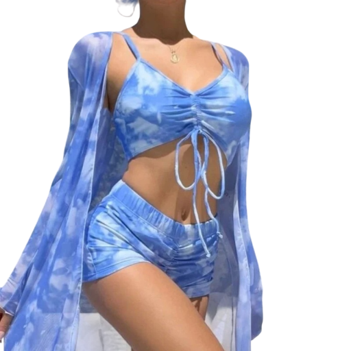 Ladies' Blue Tankini Swimsuit with Cover-Up and Ruching Polyester Elastane Three-Piece Swimwear for Beach and Swimming