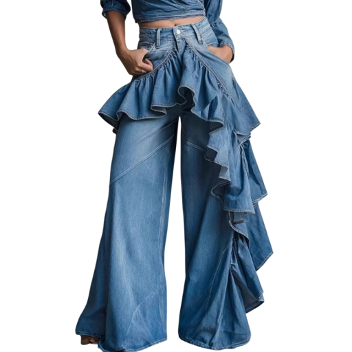 Ladies' Blue Wide Trousers with a Distinct Gathered Frill at the Side, Complemented by a High Waist with Belt Loops and Front Pockets