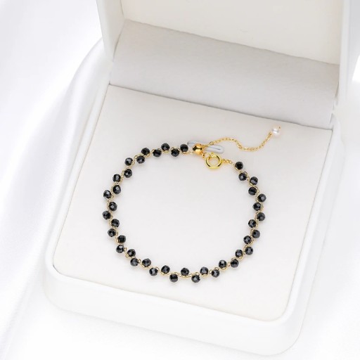 Ladies' Bracelet with Black Spinel Faceted Black Beads Gold-Coloured Chain 16 - 20 x 3 mm Stone with Decorative Pearl Adjustable
