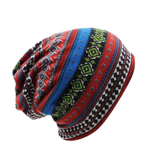 Ladies' Colourful Beanie for Spring and Autumn Loose Extended Shape without Pom-Pom Bright Stripes with Geometric Pattern and Diamonds Polyester