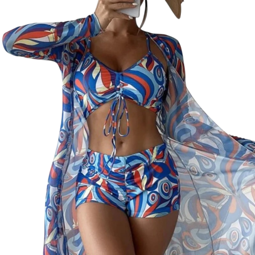 Ladies' Colourful Tankini Swimwear with Cover-Up and Shorts Polyester Elastane Three-Piece Swimwear for Beach and Swimming