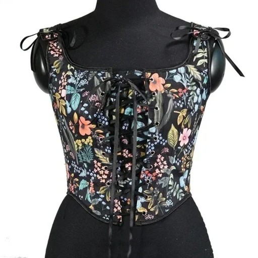 Ladies' Corset Black Floral Pattern Straps Front Lacing O-Neck Bow Polyester Elegant Lingerie