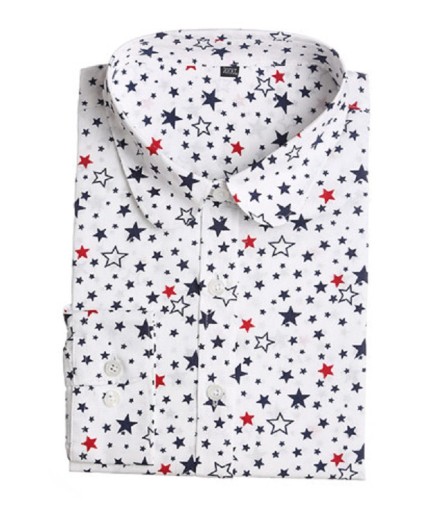 Ladies' Cotton Long Sleeve Shirt with Star Print Classic Shirt Collar Button Cuffs Full-Length Fastening