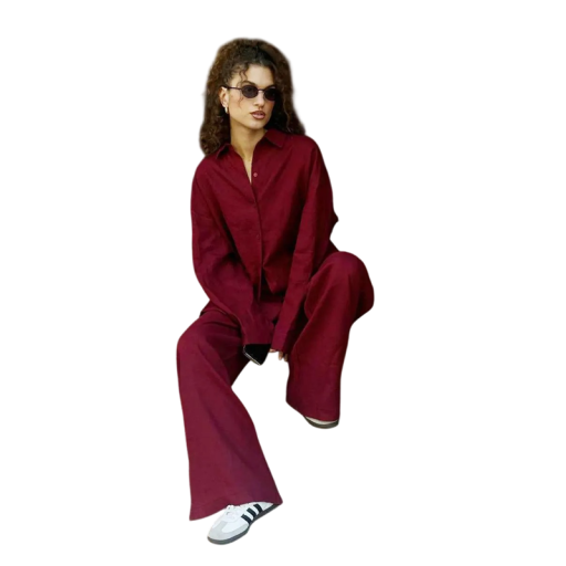 Ladies' Cotton Shirt and Trousers Set Loose Oversized Fit Long Sleeves Shirt Collar and Buttons Wide Legs For Summer and Leisure