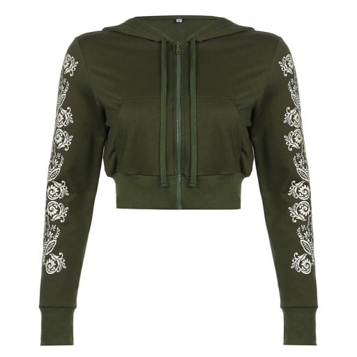Ladies' Cropped Zip-Up Hoodie in Olive Green with Ornamental Print on the Sleeves