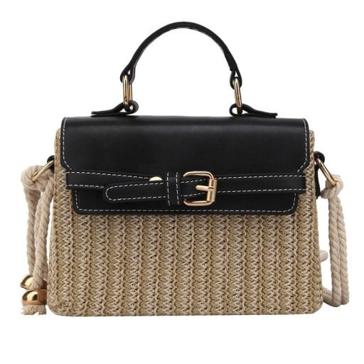 Ladies' Crossbody Bag Made of Woven Straw and PU Leather Small Bag with Handle and Rope Strap Flap with Decorative Buckle 19.5 x 8.5 x 15