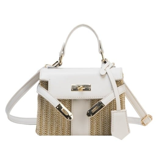 Ladies' crossbody bag made of woven straw and PU leather Small bag with handle and shoulder strap Flap with metal fastening 19.5 x 8.5 x
