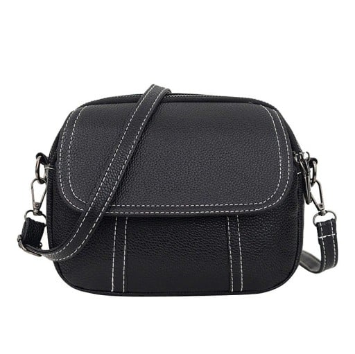 Ladies' Crossbody Bag with Rounded Shape Front Flap and Decorative Stitching Top Zip Strap with Carabiners PU Leather 19 x 16 x 9 cm