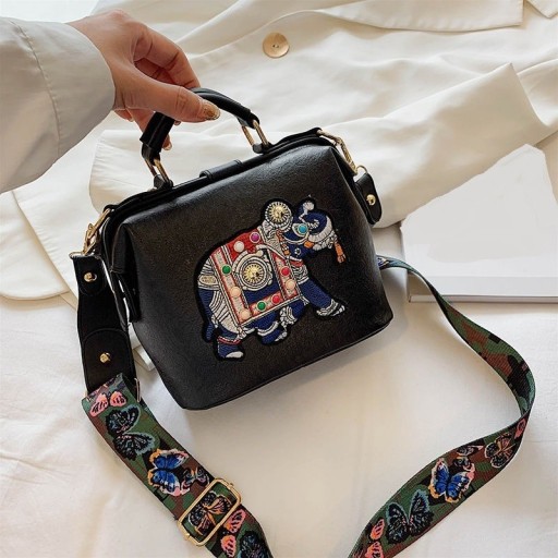 Ladies' crossbody handbag in a suitcase shape with decorative elephant appliqué Top handle Wide strap with butterfly pattern PU leather 18