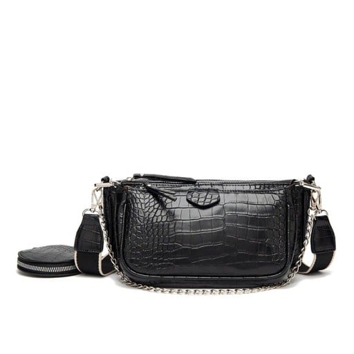 Ladies' crossbody handbag with embossed reptile skin pattern Two zip compartments Chain and wide strap PU leather and polyester 26 x 12 x 7