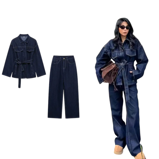 Ladies' Denim Set Jacket and Trousers Two-Piece Set with Belt and Pockets Wide-Leg Trousers Dark Blue For Everyday Wear and City