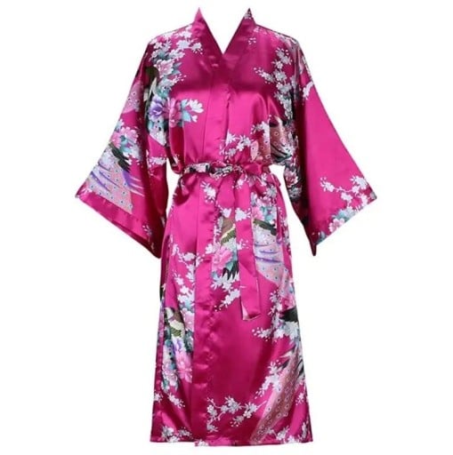 Ladies' Dressing Gown with Floral Pattern Elegant Lightweight Gown Made from Silk-Like Fabric Waist Tie Closure Soft Polyester and Silk