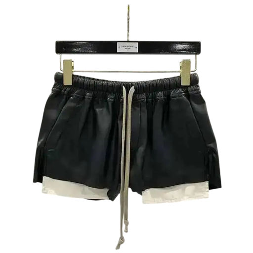 Ladies' Faux Leather Shorts with Elastic Waistband and Adjustable Drawstring, Short Layered Shorts with Contrast Hem for City and Outdoor Wear