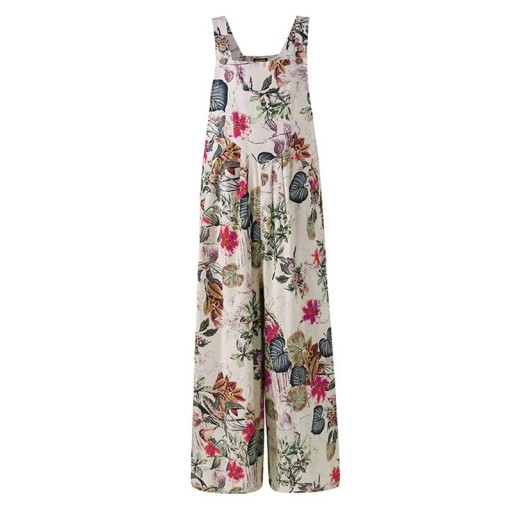 Ladies' Floral Jumpsuit with O-Neck Long Trousers Wide Strap Tank Top Lightweight Summer Cut Polyester Linen Material