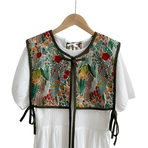 Ladies' Floral Waistcoat with Ties Universal Size Cotton Cashmere Green Natural Leaf Motif Sleeveless for Layering