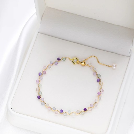 Ladies' Fluorite Bracelet with Cut Multicoloured Beads Gold-Coloured Chain 16 - 20 x 3 mm Stone with Decorative Pearl Adjustable