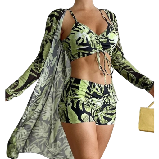 Ladies' Green Tankini Swimsuit with Cover-Up and Tropical Pattern Polyester Elastane Three-Piece Swimwear for Beach and Swimming