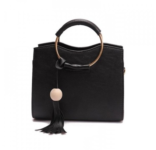 Ladies' hand-held handbag made of PU leather and polyester Two circular metal handles with covering Decorative tassel with a ball 21 x 18 x