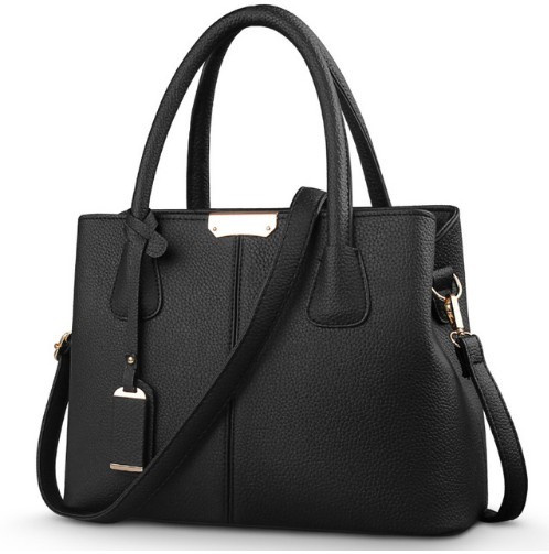 Ladies' Handbag Black Large Capacity Synthetic Leather with Textured Surface Dimensions 30 x 13 x 22 cm Two Handles Metal Plate Decorative Pendant
