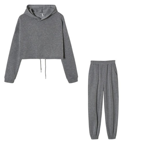 Ladies' Hoodie Crop Set and Trousers with Drawstring at the Waist and Cuffs Polyester Tracksuit for Sports and Leisure