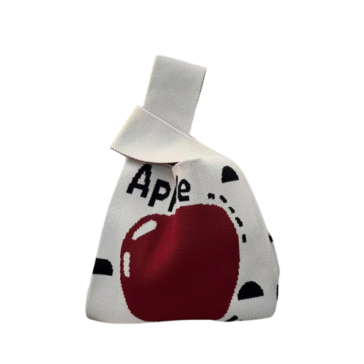 Ladies' Knitted Bag with Apple Design 20x35 cm Polyester with Cotton Lining White Everyday Bag