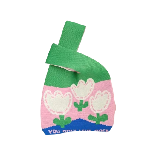 Ladies' Knitted Bag with Floral Pattern 20x35 cm Polyester with Cotton Lining Green and Pink Everyday Bag