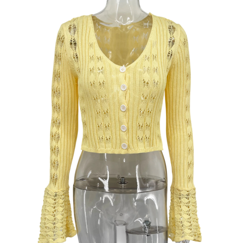 Ladies' Knitted Cardigan with V-Neck Plain Button-Up Sweater with Flared Sleeves Elegant Fashion Sweater Polyester and Cotton