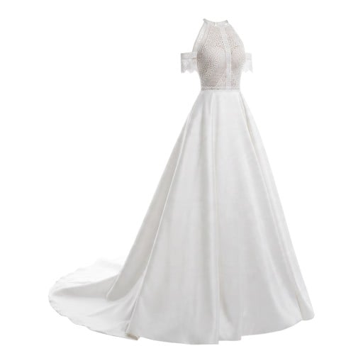 Ladies' Long Boho Wedding Dress with Exposed Shoulders and Removable Sleeves with Open Back and Train in White for the Ceremony
