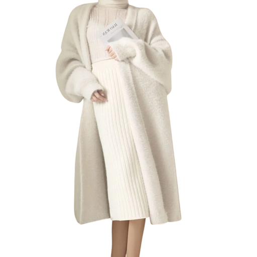 Ladies' Long Plush Cardigan Without Fastening Elegant White Winter Coat with Long Sleeves Comfortable Warm Fur Made of Polyester Universal Size