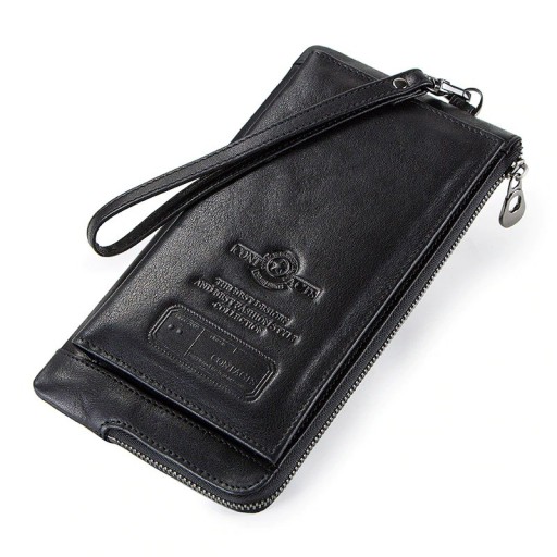 Ladies' Long Zip Wallet Made of Genuine Leather Wrist Strap with Metal Carabiner External Front Pocket Relief Pattern 20 x 11 x 2 cm