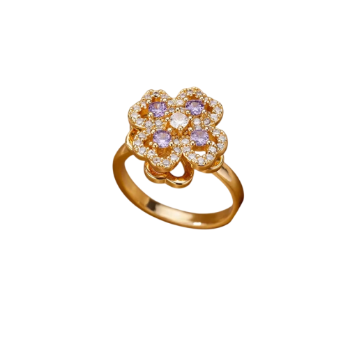 Ladies' Open Clover Ring Adjustable Size Gold Colour Stainless Steel Ring with Coloured Stones Sparkly Ring for Luck