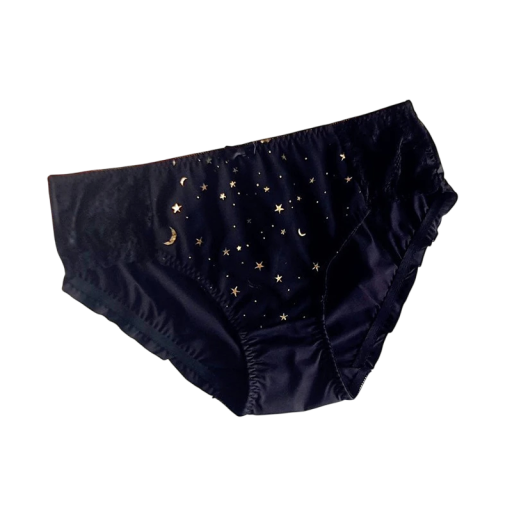 Ladies' Panties with a Night Sky Design of the Moon and Stars in Black Smooth Shiny Sexy Lingerie for Everyday Wear