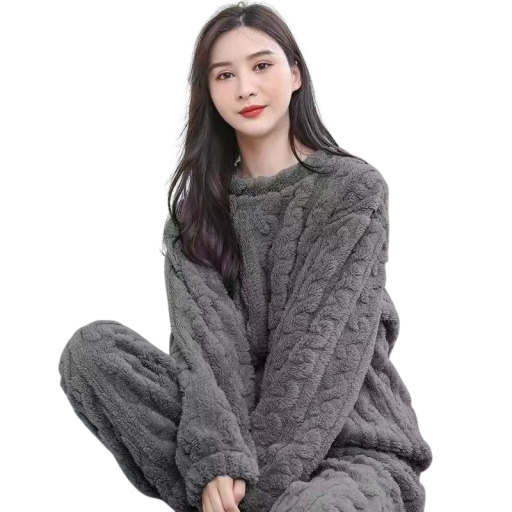 Ladies' Plush Pyjama Set Long Sleeve and Long Trousers Warm Material Universal Size Polyester and Elastane for Sleeping and Home