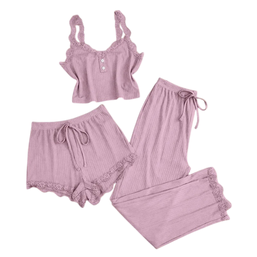 Ladies' Pyjama Set Top Trousers and Shorts Three-Piece Pyjama with Lace Drawstring Waist Elastane and Polyester for Sleeping and Home