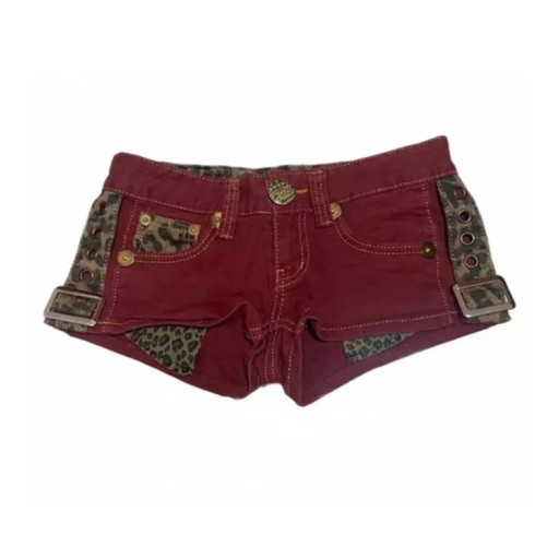 Ladies' Red Mini Shorts with Leopard Pattern, Buckles and Metal Eyelets, Short Denim Shorts with Low Waist for Summer and Parties