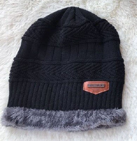 Ladies' Reversible Knitted Beanie with Fur Inside Warm Model Made of Wool and Cotton Textured Knitted Pattern Small Patch at the Front