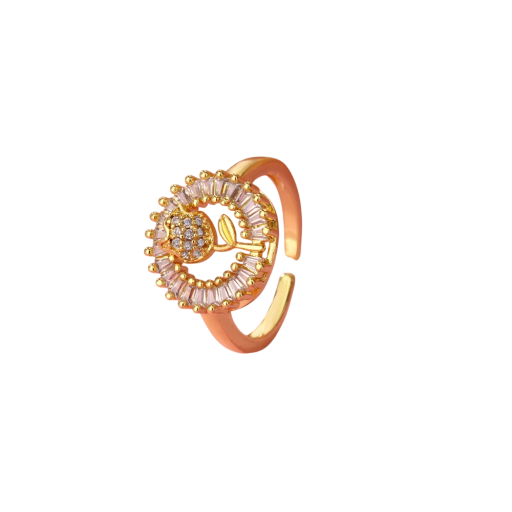 Ladies' Ring Adjustable Size Universal (Ideal 6-8) Gold Stainless Steel Round Ring with Flower Mini Coloured Stones Elegant Jewellery