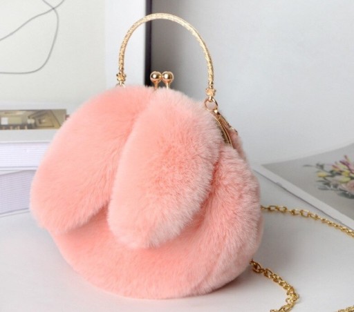 Ladies' Round Bag with Bunny Ears 22 x 21 cm Soft Fluffy Surface Metal Handle Frame Closure Long Shoulder Chain