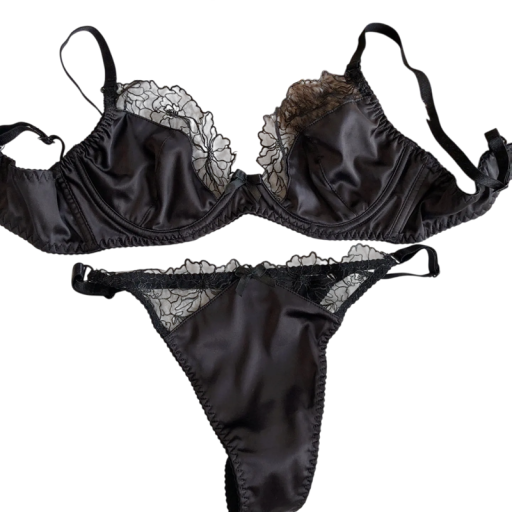 Ladies' Satin Lingerie Set with Lace Inserts Bra Briefs Polyester Elastane for Everyday Wear