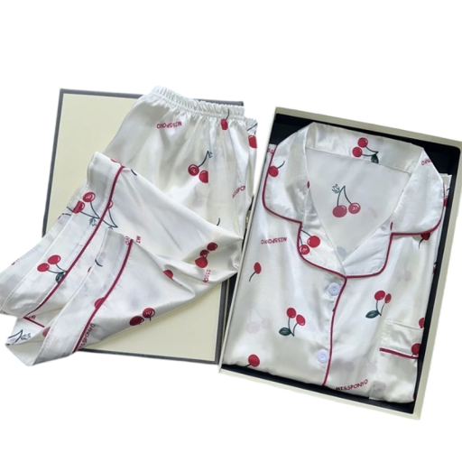 Ladies' Satin Pyjama Set Shirt and Shorts 2-Piece Button-Up Shirt with Collar Cherry Print Polyester White Sleepwear