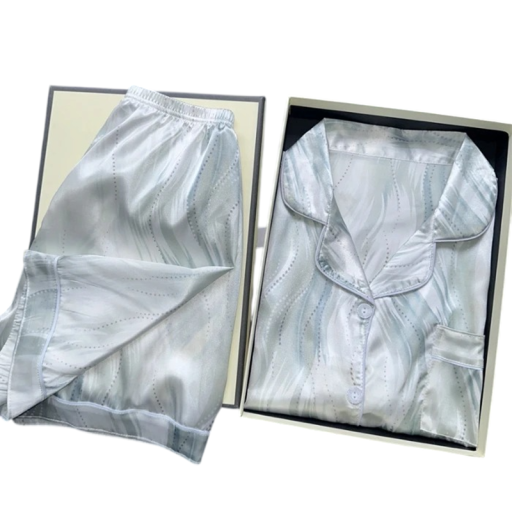 Ladies' Satin Pyjama Set Shirt and Shorts 2-Piece Button-Up Shirt with Notched Collar Polyester Light Sleepwear Set with Pattern