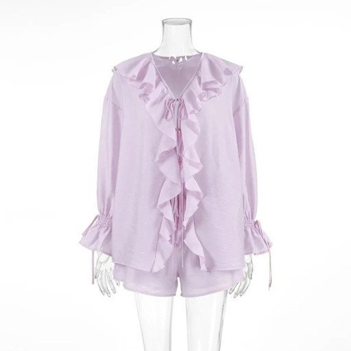 Ladies' Set Blouse and Shorts Blouse with Ruffles and Long Sleeves Drawstring Waist Polyester Two-Piece Summer Outfit for Everyday Wear