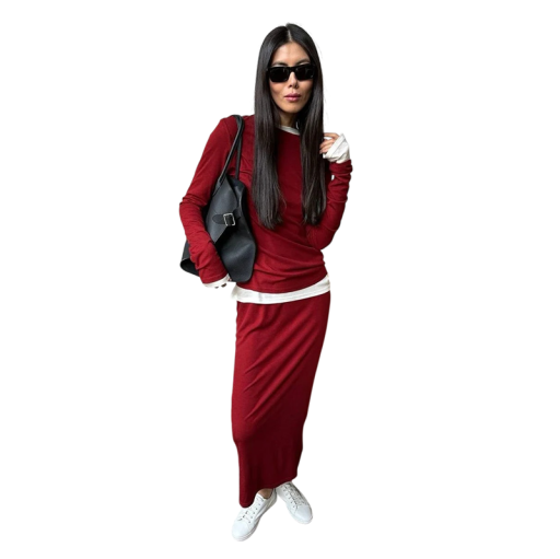Ladies' Set Long Sleeve Top and Skirt Round Neck and Long Straight Skirt Elastic Waist Cotton Material For Home and Out