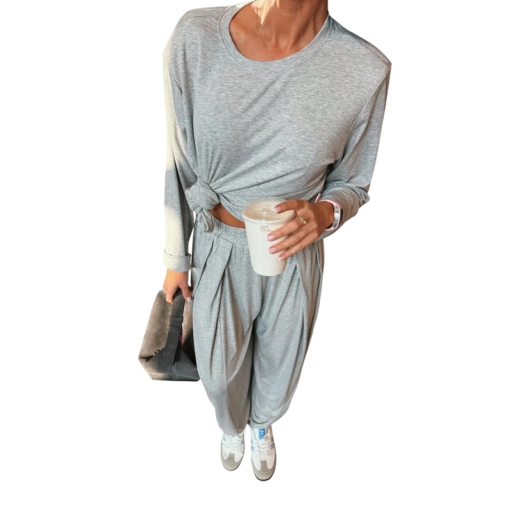 Ladies' Set Long Sleeve Top and Trousers Round Neck and Loose Legs Elastic Waist Cotton Material Grey Colour For Home and Out