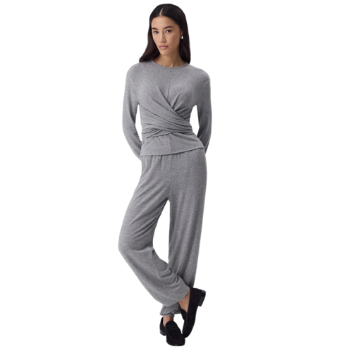 Ladies' Set Long Sleeve Top and Trousers Round Neck and Pleated Front Elasticated Waist Material Cotton Grey Colour For Home and Out