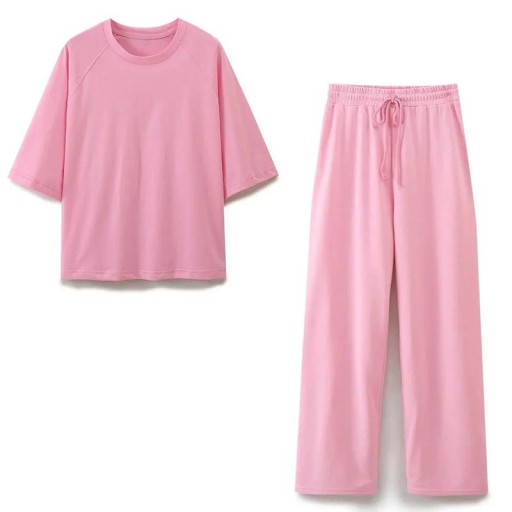 Ladies' Set T-Shirt and Trousers Loose Fit Short Sleeve Round Neck Wide Legs Drawstring Waist Polyester For Leisure and Home